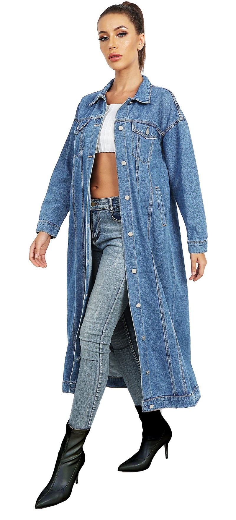 Jofemuho Womens Classic Jean Jacket Plus Size Loose Long Sleeve Button Down Denim Trench Coat Light Blue1 2XL - Image 4