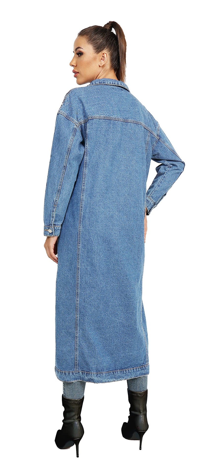 Jofemuho Womens Classic Jean Jacket Plus Size Loose Long Sleeve Button Down Denim Trench Coat Light Blue1 2XL - Image 2