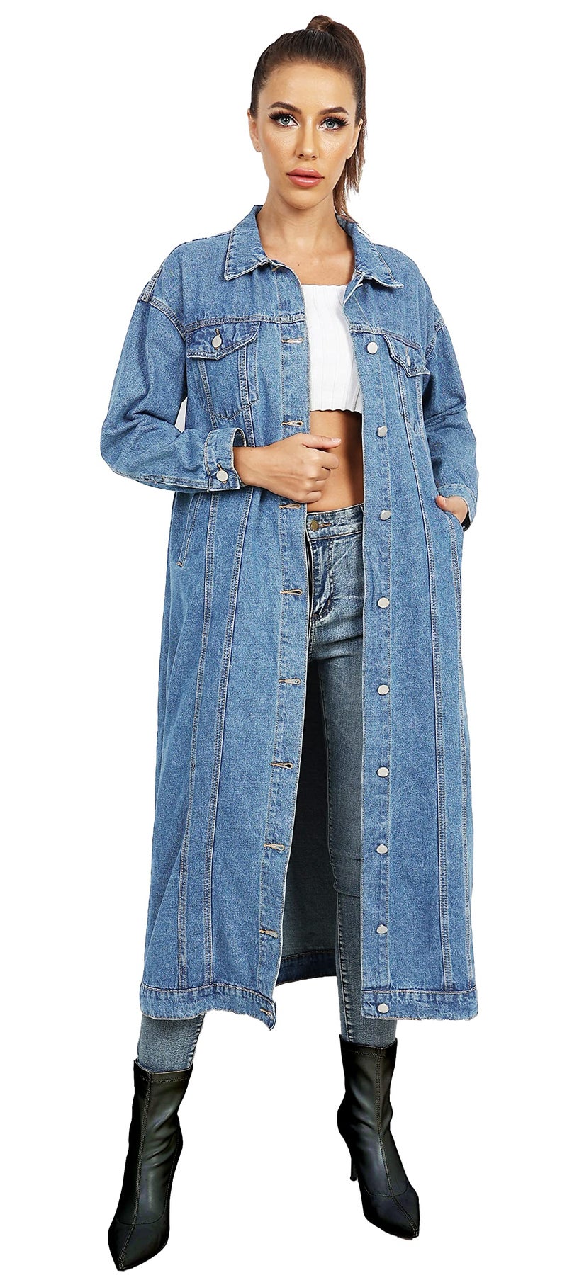 Jofemuho Womens Classic Jean Jacket Plus Size Loose Long Sleeve Button Down Denim Trench Coat Light Blue1 2XL - Image 5
