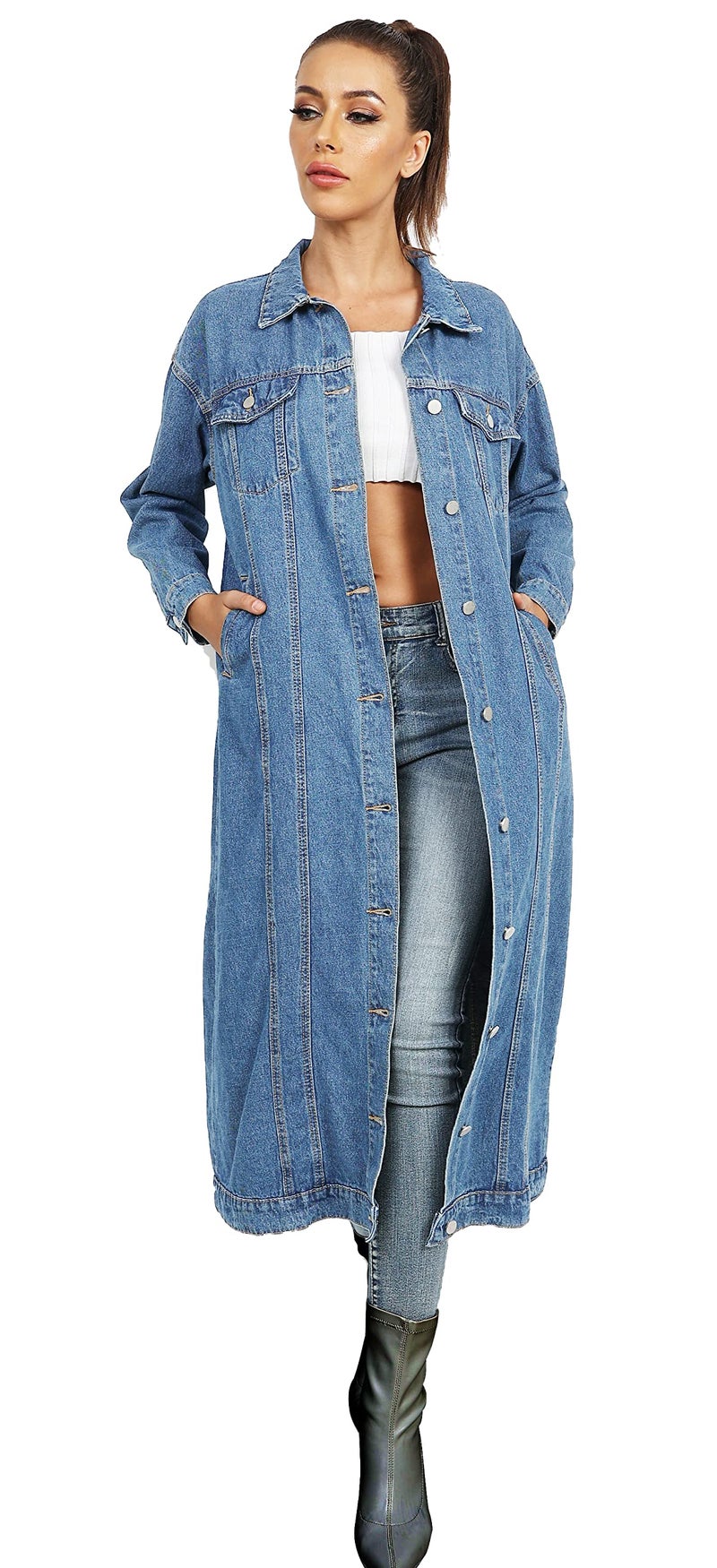 Jofemuho Womens Classic Jean Jacket Plus Size Loose Long Sleeve Button Down Denim Trench Coat Light Blue1 2XL - Image 3