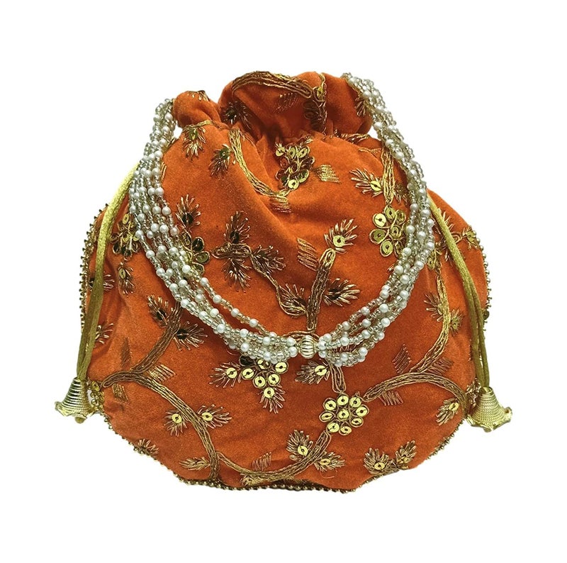 ATHZ Velvet Dusk Orange Potli Bag with Golden Work for Women Wedding Handbag Fashion Potli for Ladies - Image 1