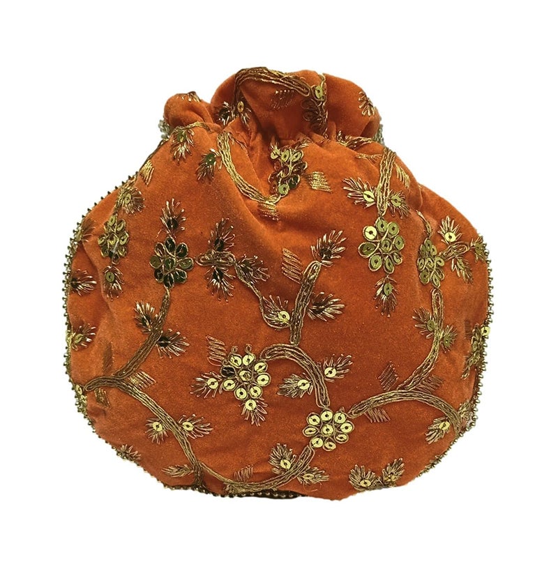 ATHZ Velvet Dusk Orange Potli Bag with Golden Work for Women Wedding Handbag Fashion Potli for Ladies - Image 4
