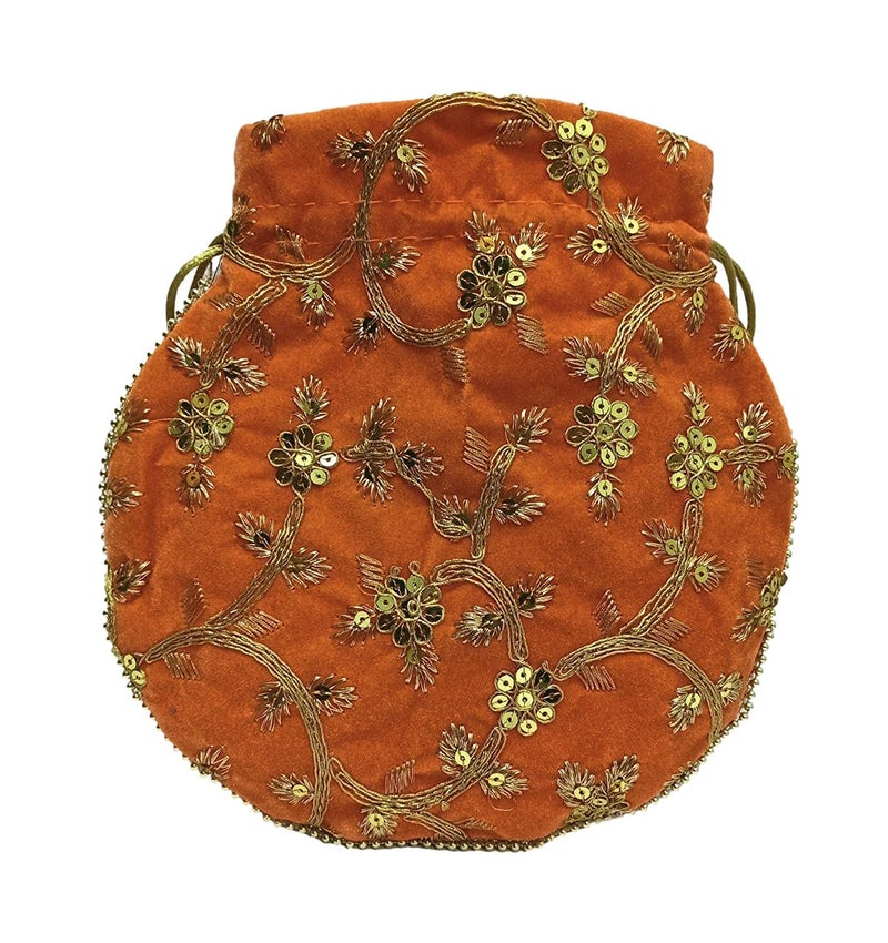 ATHZ Velvet Dusk Orange Potli Bag with Golden Work for Women Wedding Handbag Fashion Potli for Ladies - Image 3