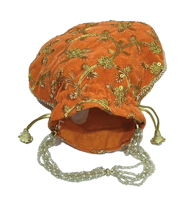 ATHZ Velvet Dusk Orange Potli Bag with Golden Work for Women Wedding Handbag Fashion Potli for Ladies - Image 2