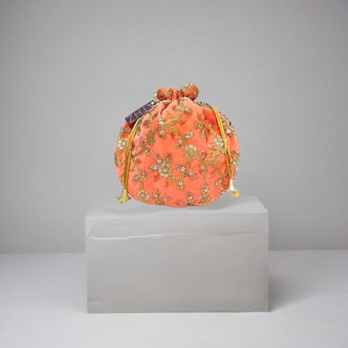 ATHZ Velvet Dusk Orange Potli Bag with Golden Work for Women Wedding Handbag Fashion Potli for Ladies - Image 5