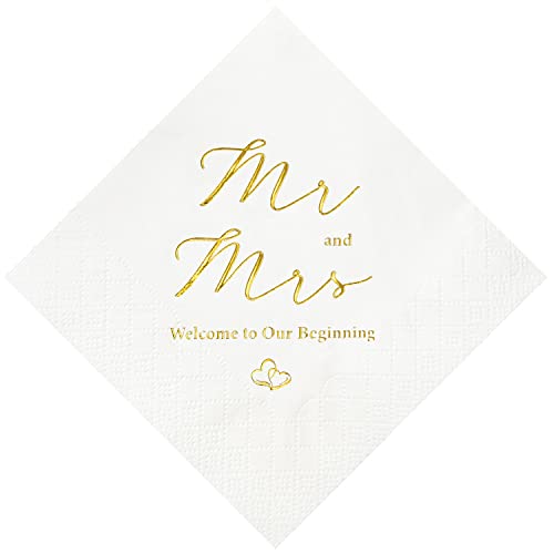 Crisky Gold Foil Mr and Mrs Wedding Cocktail Napkins 100 Counts for Wedding Party Reception Dessert Cake Table Decorations Welcome to Our Beginning Disposable Napkins, 3-Ply, - Image 1