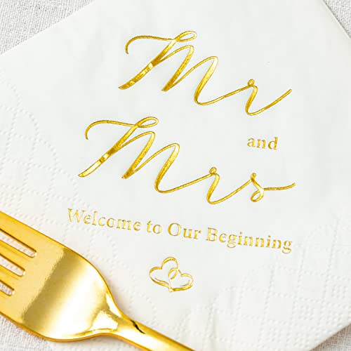 Crisky Gold Foil Mr and Mrs Wedding Cocktail Napkins 100 Counts for Wedding Party Reception Dessert Cake Table Decorations Welcome to Our Beginning Disposable Napkins, 3-Ply, - Image 5