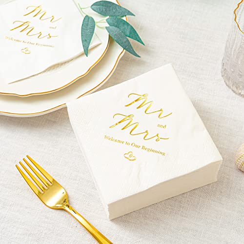 Crisky Gold Foil Mr and Mrs Wedding Cocktail Napkins 100 Counts for Wedding Party Reception Dessert Cake Table Decorations Welcome to Our Beginning Disposable Napkins, 3-Ply, - Image 3