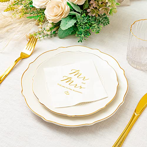 Crisky Gold Foil Mr and Mrs Wedding Cocktail Napkins 100 Counts for Wedding Party Reception Dessert Cake Table Decorations Welcome to Our Beginning Disposable Napkins, 3-Ply, - Image 4