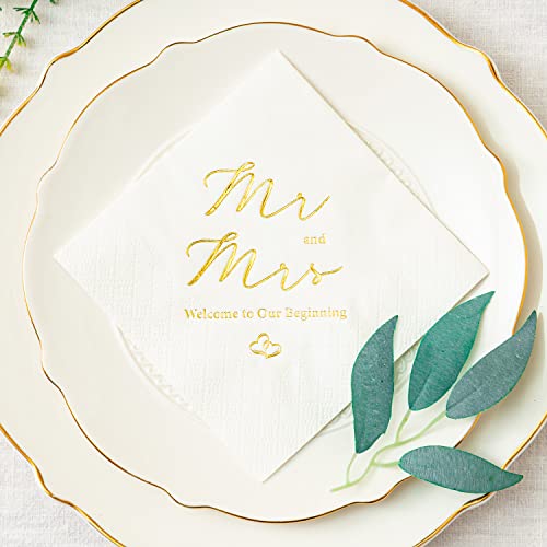 Crisky Gold Foil Mr and Mrs Wedding Cocktail Napkins 100 Counts for Wedding Party Reception Dessert Cake Table Decorations Welcome to Our Beginning Disposable Napkins, 3-Ply, - Image 2