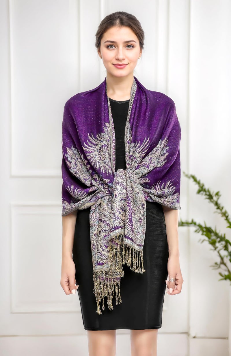 Achillea Luxurious Double Layered Jacquard Big Paisley Pashmina Shawl Wrap Scarf (Purple) - Image 4