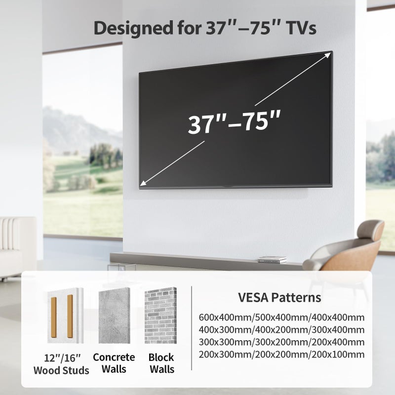 Pipishell Full Motion TV Wall Mount for Most 37-75 inch TVs, Wall Mount Bracket with Dual Articulating Arms, Swivel, Tilt, Max VESA 600x400mm up to 100 lbs, TV Mount Fits 12â€/16â€ Wood Studs, PILF6 - Image 4