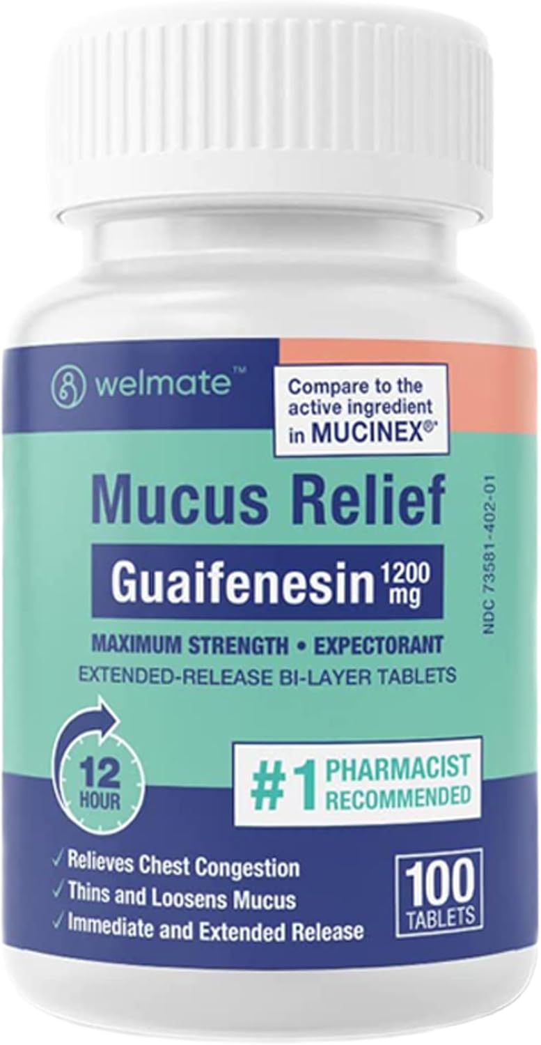 WELMATE Mucus Relief Guaifenesin 1200 mg Maximum Strength ExtendedRelease Expectorant Tablets Helps Clear Chest Congestion Loosen Mucus 12 Hour Relief 100 Count - Image 1