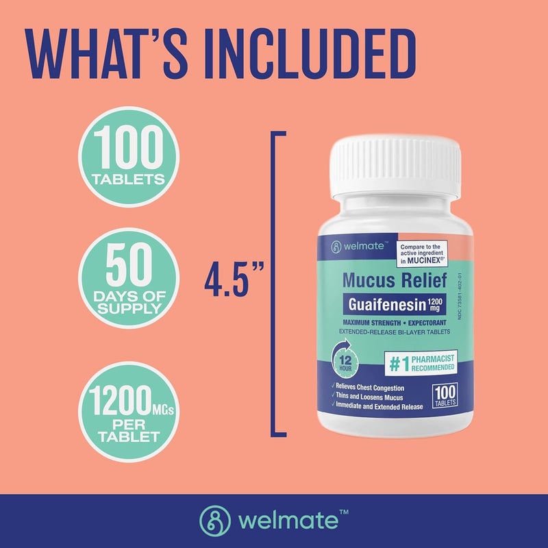 WELMATE Mucus Relief Guaifenesin 1200 mg Maximum Strength ExtendedRelease Expectorant Tablets Helps Clear Chest Congestion Loosen Mucus 12 Hour Relief 100 Count - Image 5