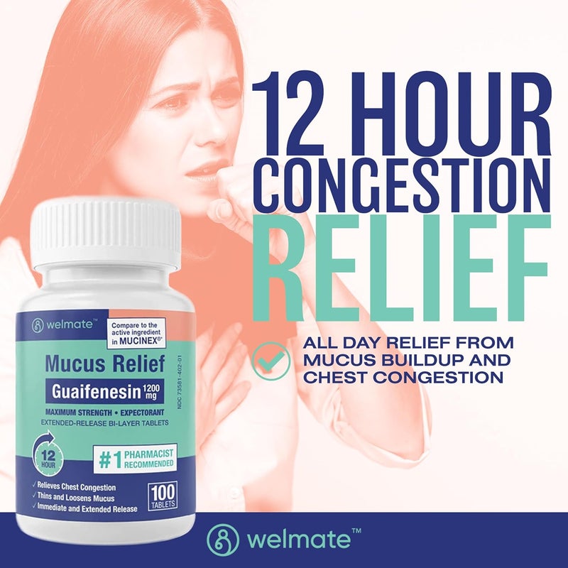 WELMATE Mucus Relief Guaifenesin 1200 mg Maximum Strength ExtendedRelease Expectorant Tablets Helps Clear Chest Congestion Loosen Mucus 12 Hour Relief 100 Count - Image 2