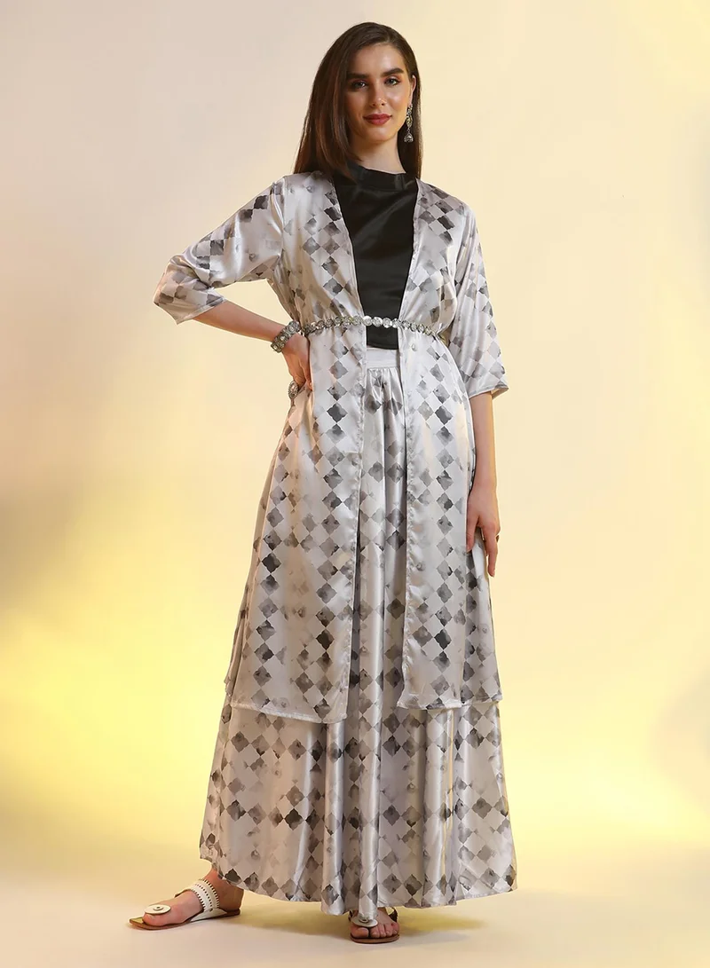 QISSA Women's Midnight Black Geometric Blur Co-Ord Set For Casual Wear | Mock Neck | No Sleeves | 3 Piece Co-Ords Designed With Comfort Fit For Everyday Ethnic Wear