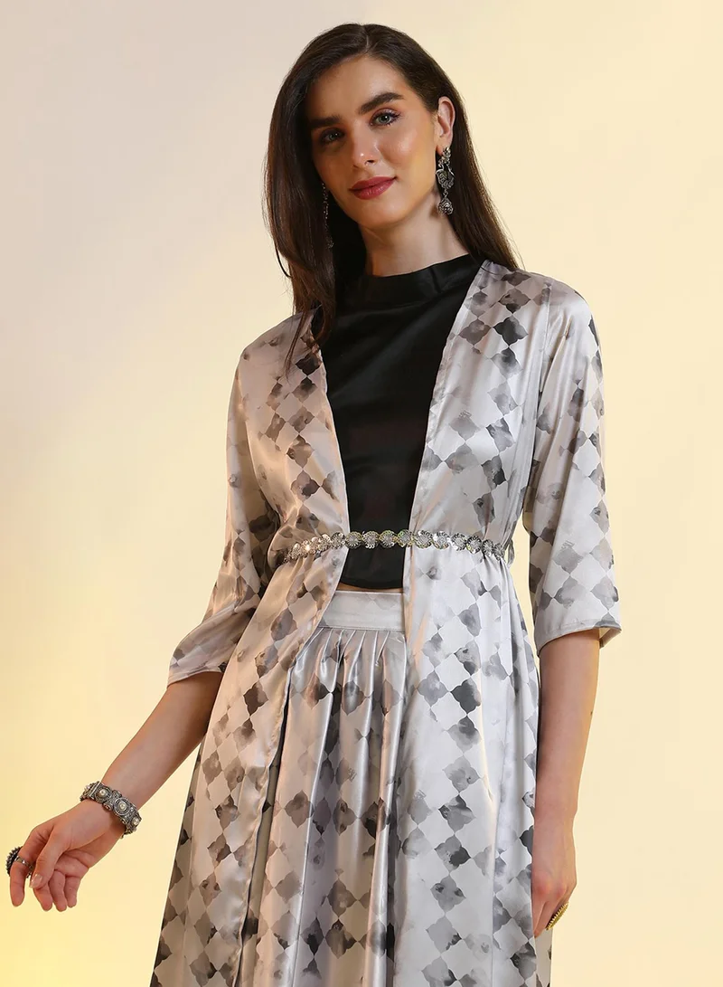 QISSA Women's Midnight Black Geometric Blur Co-Ord Set For Casual Wear | Mock Neck | No Sleeves | 3 Piece Co-Ords Designed With Comfort Fit For Everyday Ethnic Wear