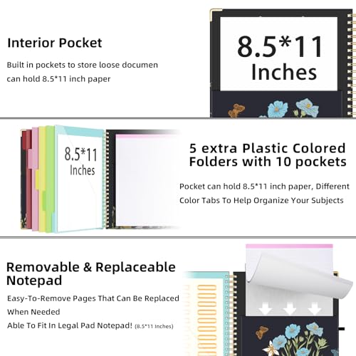 Ospelelf Clipboard with Storage 8.5 X 11，Padfolio Organizer, Spiral Portfolio Letter Size with Notepad, Pen Holder, 5 Extra Folder Divider Pages, Elastic Closure Nurse Essentials (Night Flowers) - Image 4