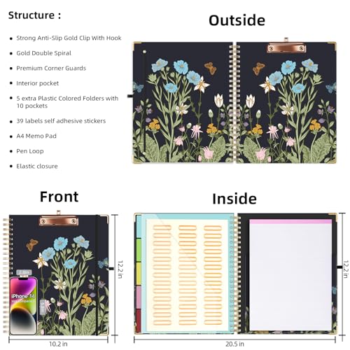 Ospelelf Clipboard with Storage 8.5 X 11，Padfolio Organizer, Spiral Portfolio Letter Size with Notepad, Pen Holder, 5 Extra Folder Divider Pages, Elastic Closure Nurse Essentials (Night Flowers) - Image 2