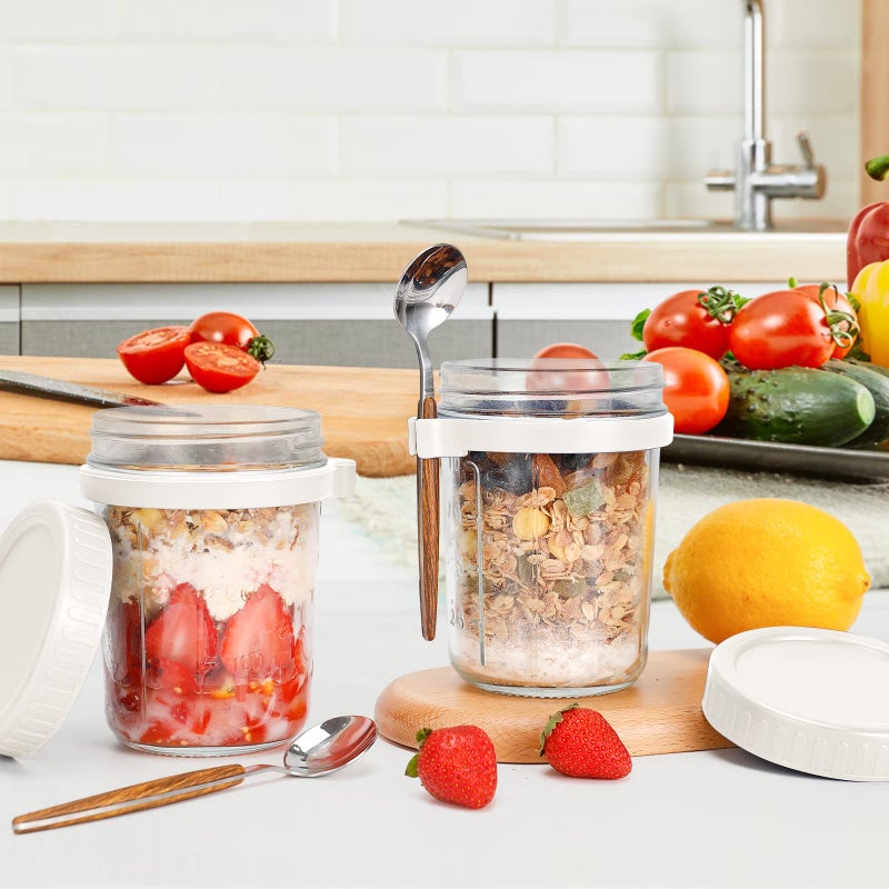 PFUM Overnight Oats Jars with Spoon and Lid 16 oz [2 Pack]  Airtight Oatmeal Container with Measurement Marks  Mason Jars with Lid for Cereal On The Go Container (2pcs white) - Image 4