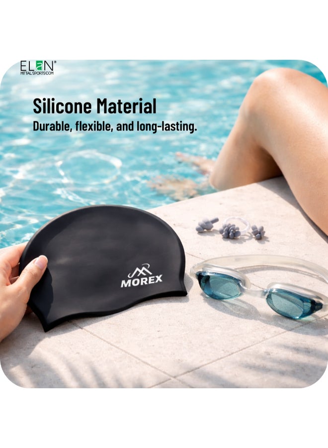 ELAN Morex Swimming Set, All-Black Premium Silicone Waterproof Swim Cap, No-Leak Anti-Fog Goggles, Protective Earplugs and Nose Plug Kit, Professional Swim Training Equipment for Laps & Swimming - Image 2