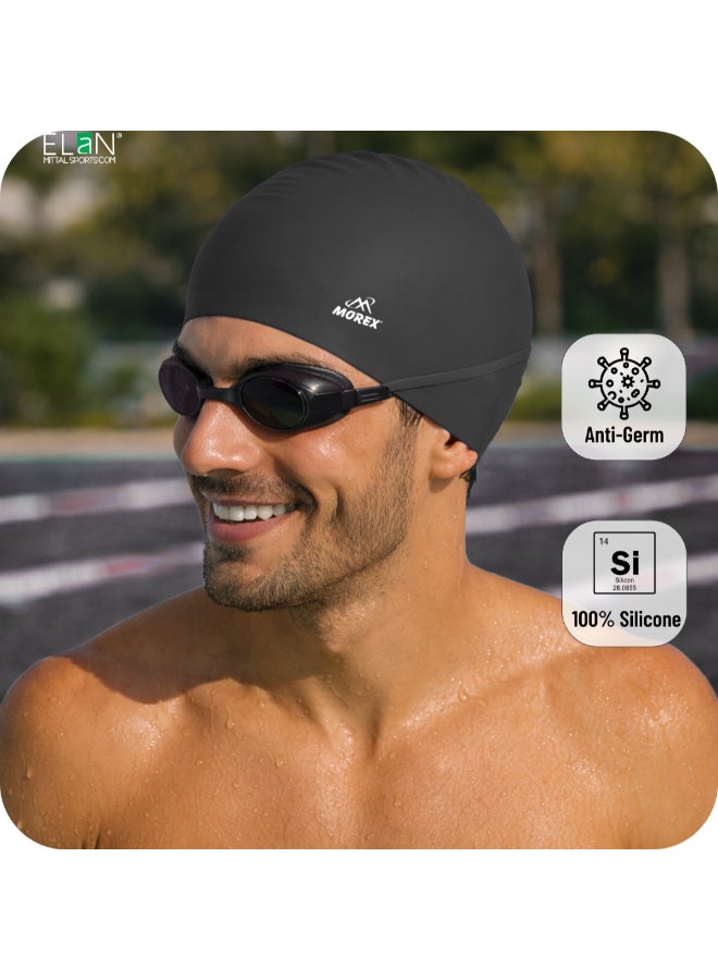 ELAN Morex Swimming Set, All-Black Premium Silicone Waterproof Swim Cap, No-Leak Anti-Fog Goggles, Protective Earplugs and Nose Plug Kit, Professional Swim Training Equipment for Laps & Swimming - Image 1