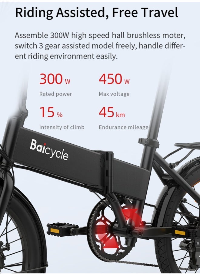 Baicycle Electric Bike , Foldable bike, Ebike 300W Motor, with 36V 10.4Ah Removable Battery, 25-45Km/h，with 300W Brushless Motor,APP Control,  20" Tires and Front Fork Suspension (Black)  - Image 5