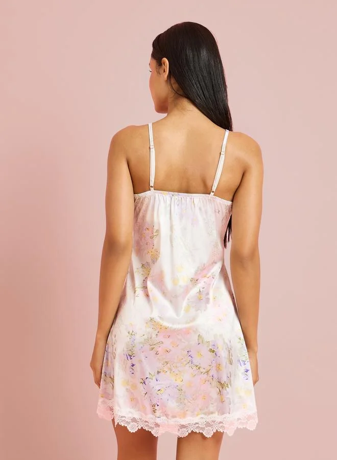 Styli  Off White Floral Print Lace Trims Strappy Slip Nightdress for Women | Best Price UAE