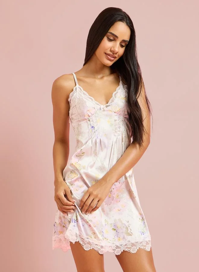 Styli  Off White Floral Print Lace Trims Strappy Slip Nightdress for Women | Best Price UAE
