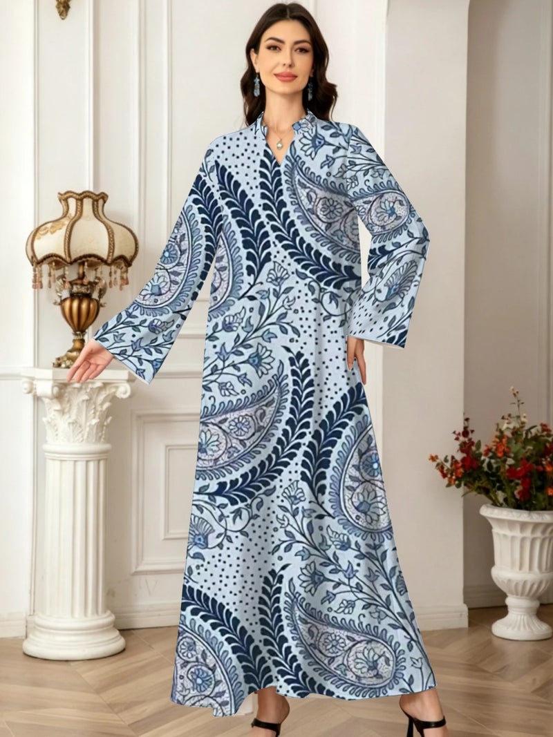Classic Paisley Floral Vintage Print Flare Long‑Sleeve Elegant Traditional Abaya - Image 2