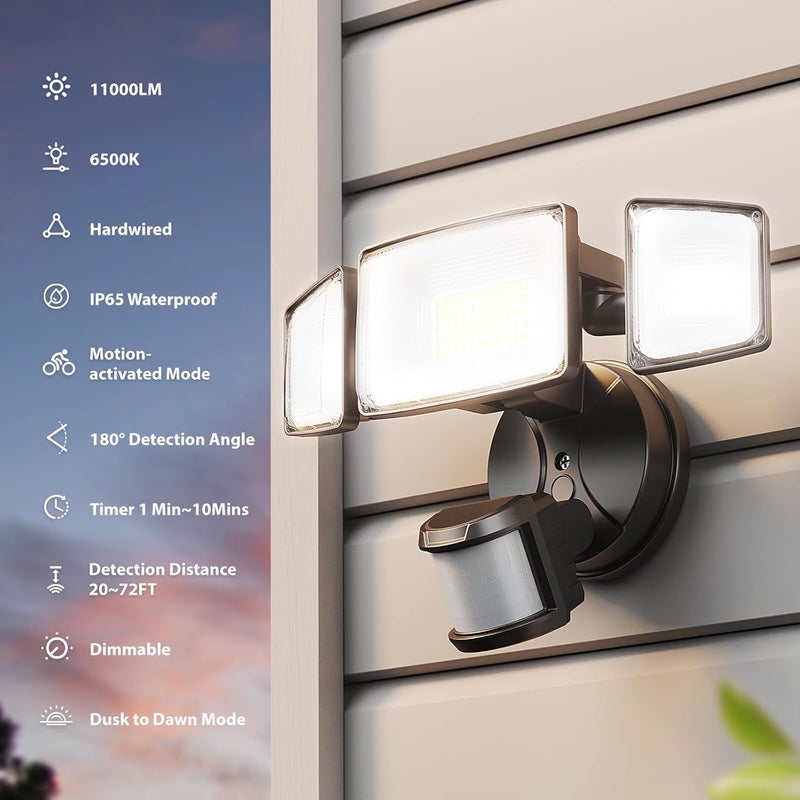 Onforu 100W LED Motion Sensor Outdoor Lights, Dusk to Dawn Flood Light Outdoor Motion Sensor, Hardwired Security Lights Floodlights Outside 11000LM 6500K Daylight IP65 Waterproof (Black) - Image 2
