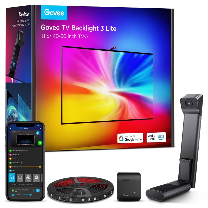 Govee TV Backlight 3 Lite with Fish-Eye Correction Function Sync to 40-50 Inch TVs, 7.8ft RGBICW Wi-Fi LED Strip Lights with Camera, 4 Colors in 1 Lamp Bead, Voice and APP Control, Adapter - Image 1