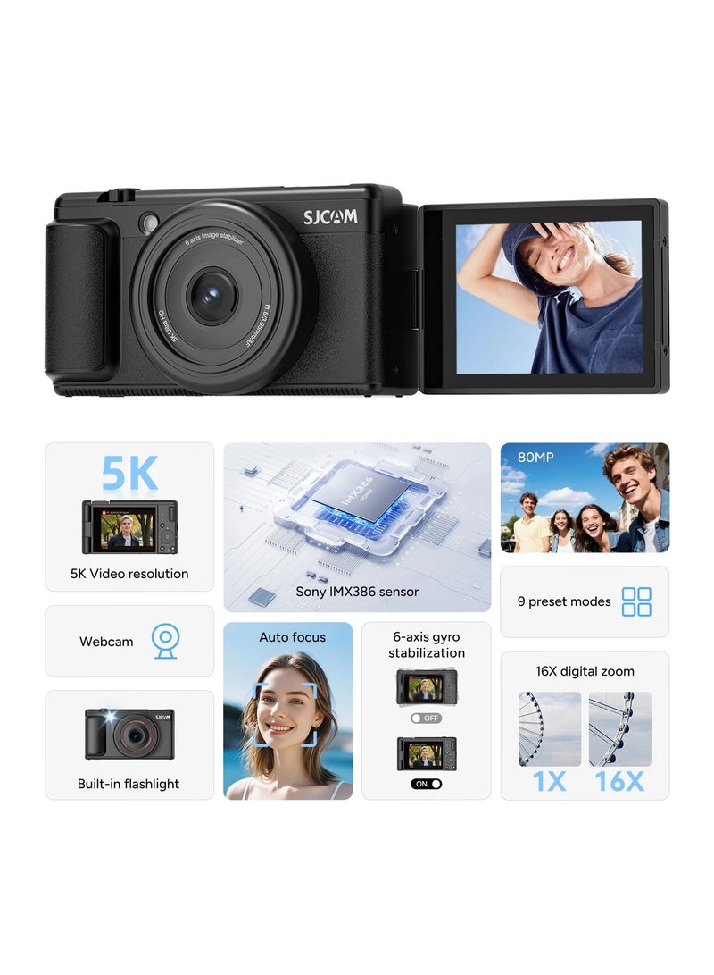 SJCAM 5K Digital Camera for Photography- Sony CMOS 80MP Vlogging Camera with 2.8" Flip Screen, Six-Axis Image Stabilization 16X Digital Zoom Point and Shoot Camera with 2 Batteries for Travel, Beginners  - Image 2