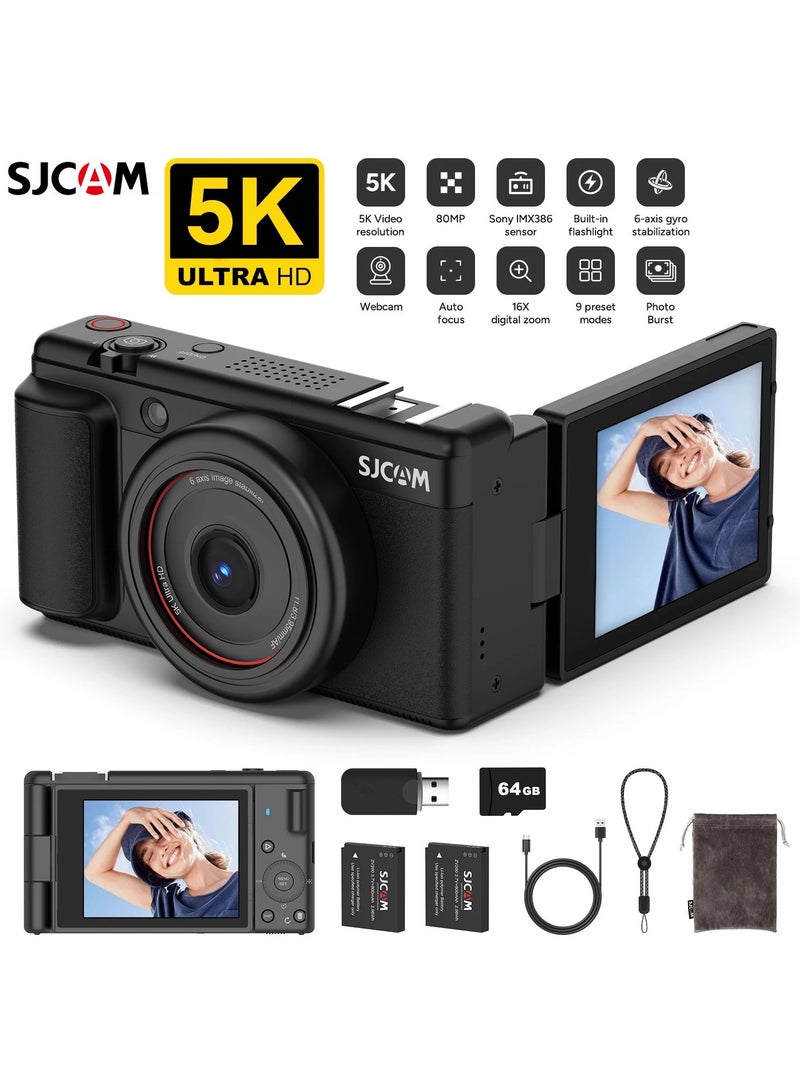 SJCAM 5K Digital Camera for Photography- Sony CMOS 80MP Vlogging Camera with 2.8" Flip Screen, Six-Axis Image Stabilization 16X Digital Zoom Point and Shoot Camera with 2 Batteries for Travel, Beginners  - Image 1