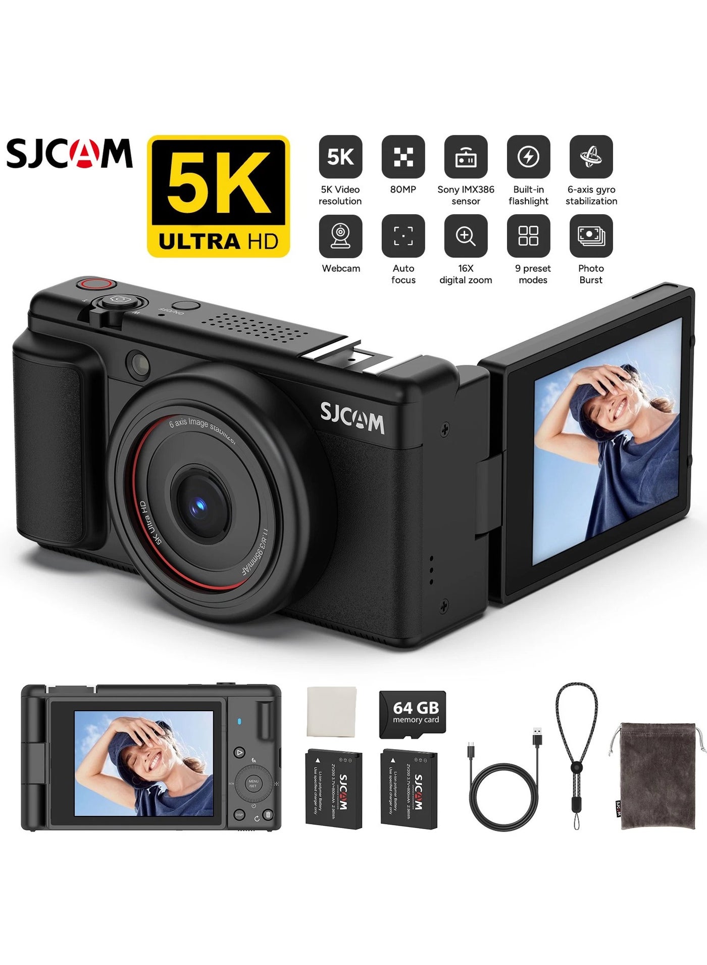 5K Digital Camera for Photography- Sony CMOS 80MP Vlogging Camera with 2.8" Flip Screen, Six-Axis Image Stabilization 16X Digital Zoom Point and Shoot Camera with 2 Batteries for Travel, Beginners