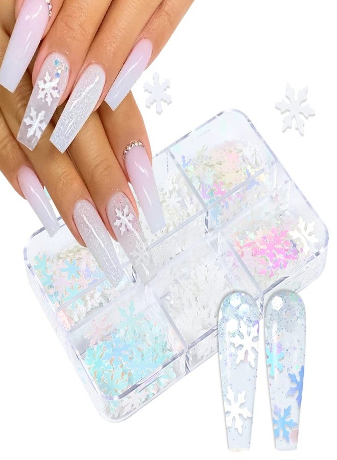 YKZFUI Snowflakes Nail Glitters 6Grids Snowflake Nail Sequins for Christmas Nail Art Stickers White Snowflake Glitter Flakes Sparkly Snow Shape Sequin Nail Decoration Accessory,Christmas Nail Design Supplies - Image 1