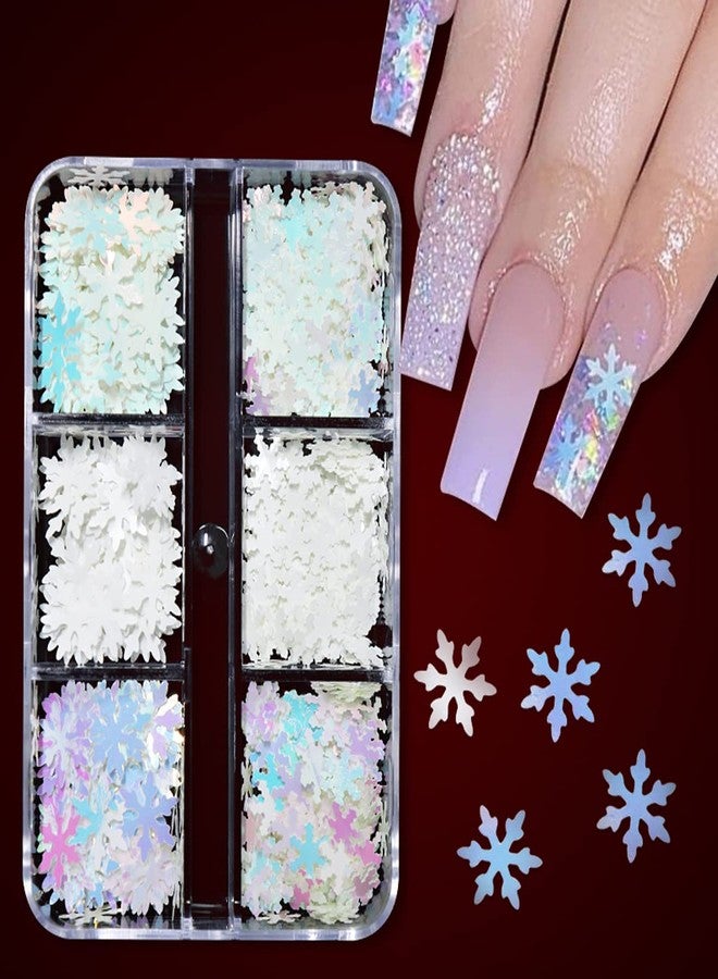 YKZFUI Snowflakes Nail Glitters 6Grids Snowflake Nail Sequins for Christmas Nail Art Stickers White Snowflake Glitter Flakes Sparkly Snow Shape Sequin Nail Decoration Accessory,Christmas Nail Design Supplies - Image 3