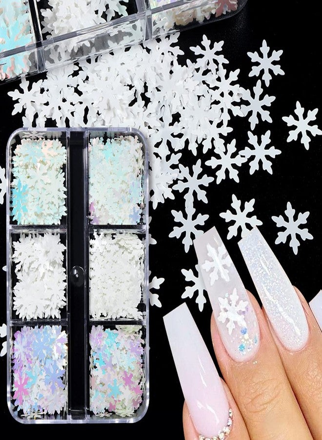 YKZFUI Snowflakes Nail Glitters 6Grids Snowflake Nail Sequins for Christmas Nail Art Stickers White Snowflake Glitter Flakes Sparkly Snow Shape Sequin Nail Decoration Accessory,Christmas Nail Design Supplies - Image 2