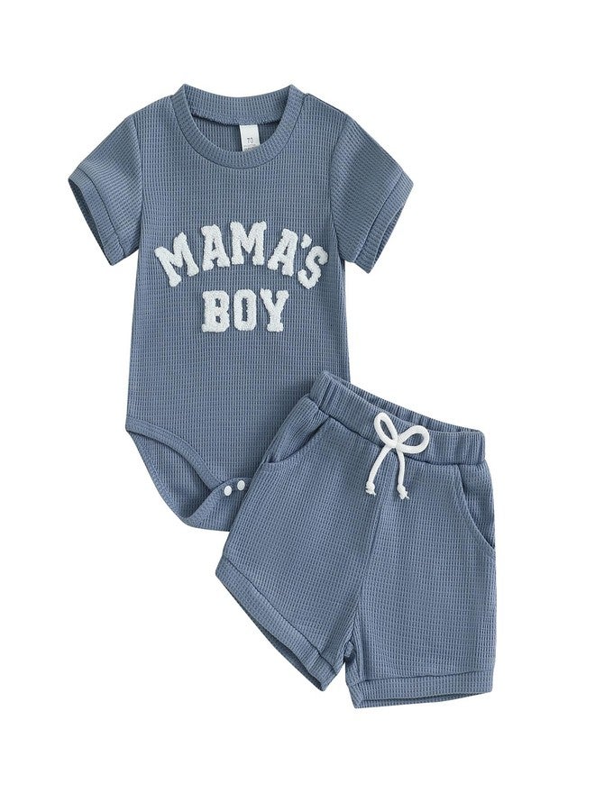 ZAXARRA ملابس صيفية للأطفال حديثي الولادة من ZAXARRA، رومبير مطرز بحروف "Mama's Boy Little Dude"، شورت سادة، ملابس أطفال بنقشة الوافل (أزرق 1، 3-6 أشهر) - Image 1