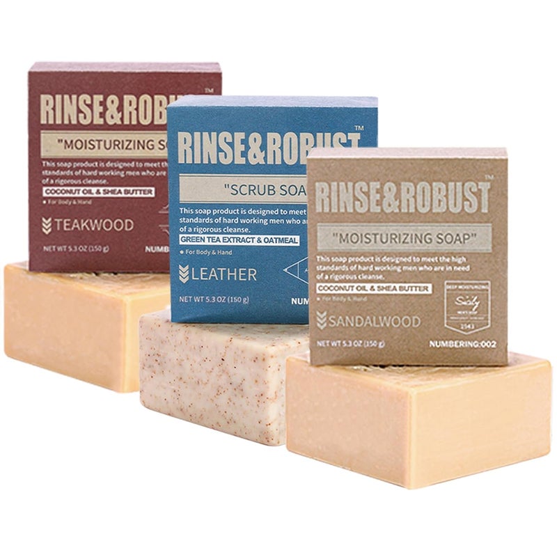 Rinse & Robust Mens Bar Soap Bath Bar Soap 3Pack Handmade Natural Soap Bar Set Cleansing Bar Moisturizing&Exfoliating Scrub Soap Gift Set for Men | Leather, Sandalwood, Teakwood | 3.5 oz of 3 Bars