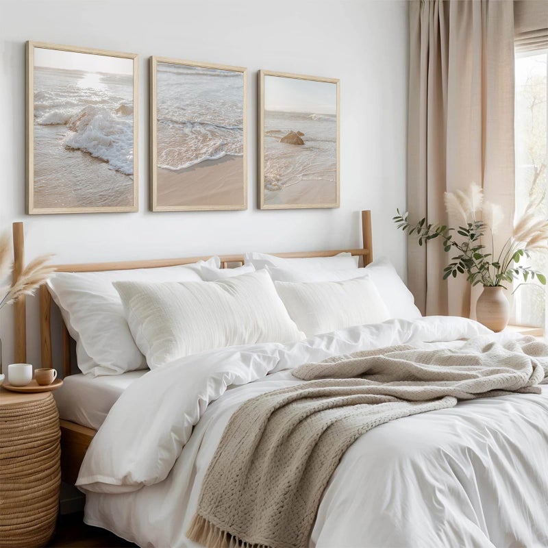 Tanmart Beach Wall Art Decor Coastal Wall Art Pictures Ocean Canvas Wall Art Beige Beachy Wall Decor Boho Beach Prints Ocean Painting Coastal Artwork for Bedroom Living Room 12x16 Inch Wood Framed Set of 3 - Image 4