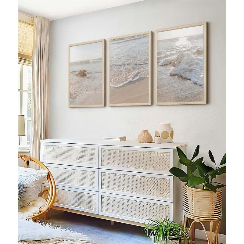 Tanmart Beach Wall Art Decor Coastal Wall Art Pictures Ocean Canvas Wall Art Beige Beachy Wall Decor Boho Beach Prints Ocean Painting Coastal Artwork for Bedroom Living Room 12x16 Inch Wood Framed Set of 3 - Image 5