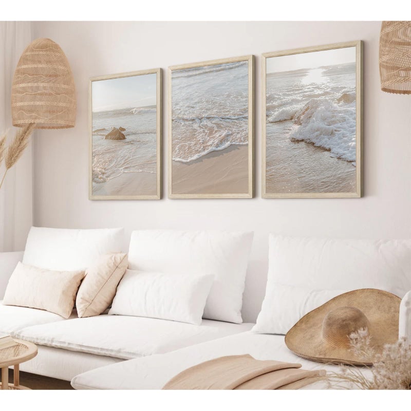 Tanmart Beach Wall Art Decor Coastal Wall Art Pictures Ocean Canvas Wall Art Beige Beachy Wall Decor Boho Beach Prints Ocean Painting Coastal Artwork for Bedroom Living Room 12x16 Inch Wood Framed Set of 3 - Image 3