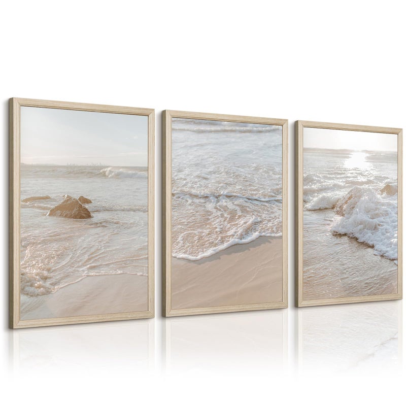 Tanmart Beach Wall Art Decor Coastal Wall Art Pictures Ocean Canvas Wall Art Beige Beachy Wall Decor Boho Beach Prints Ocean Painting Coastal Artwork for Bedroom Living Room 12x16 Inch Wood Framed Set of 3 - Image 1