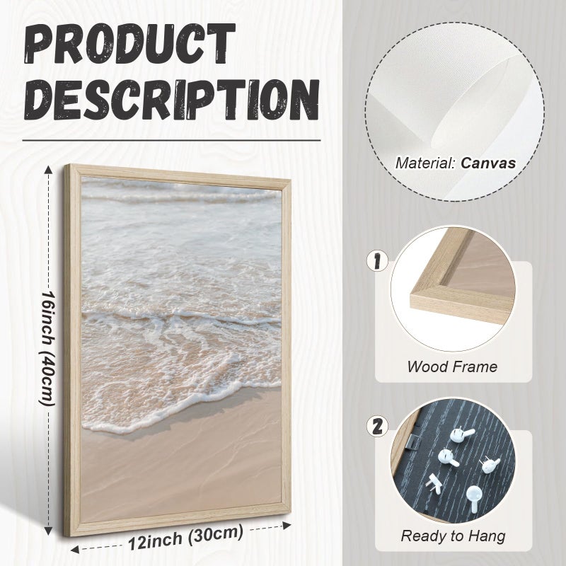 Tanmart Beach Wall Art Decor Coastal Wall Art Pictures Ocean Canvas Wall Art Beige Beachy Wall Decor Boho Beach Prints Ocean Painting Coastal Artwork for Bedroom Living Room 12x16 Inch Wood Framed Set of 3 - Image 2