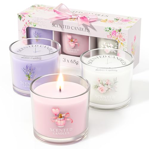 CHILLFLAME Scented Candles, Scented Candle Gift Set for Stress Relief, 3 Votive Candles for Women and Men, Birthday Candle Gifts for Women, Christmas Candles for Women (Pink + Purple + White, 7 oz) - Image 1