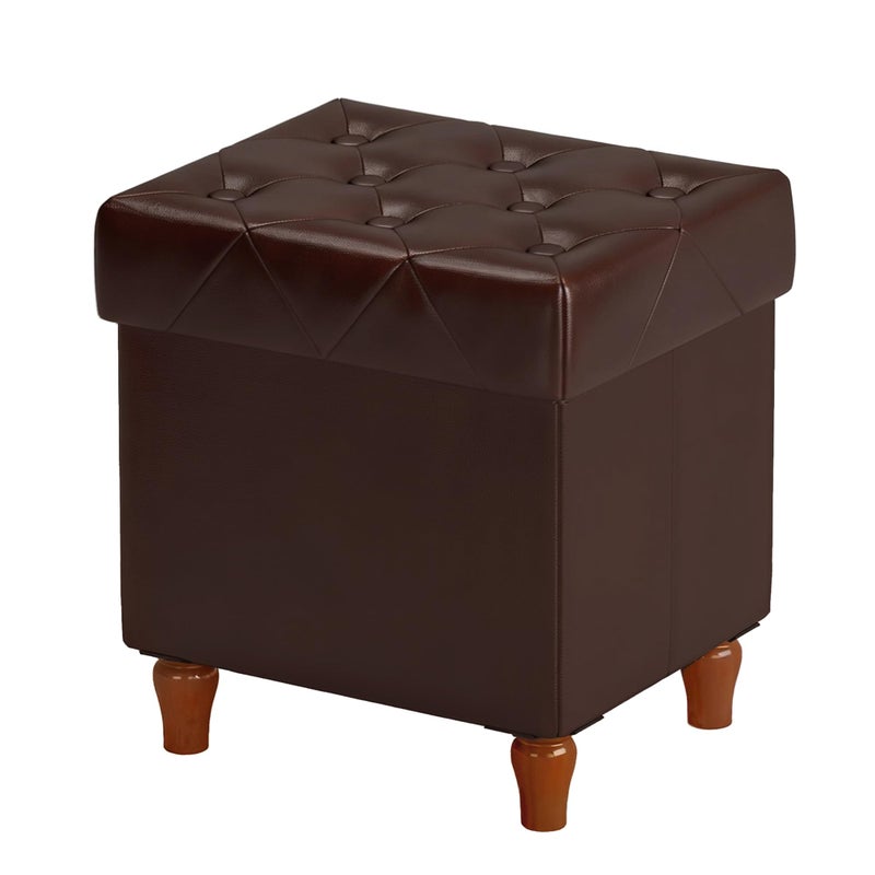 CAROLMADE Folding Storage Ottoman Cube PU Leather Footstool with Wood Legs Ottoman Footrest for Living Room and Bedroom Brown, 15x12.6 x 15.4â€ - Image 1
