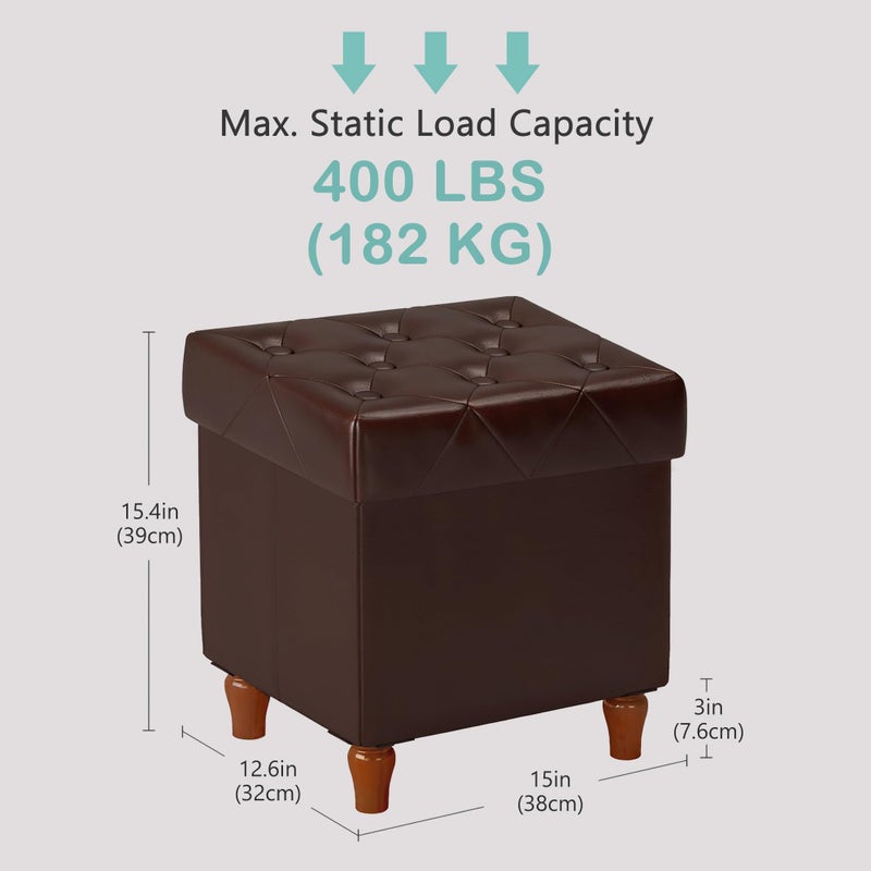 CAROLMADE Folding Storage Ottoman Cube PU Leather Footstool with Wood Legs Ottoman Footrest for Living Room and Bedroom Brown, 15x12.6 x 15.4â€ - Image 3