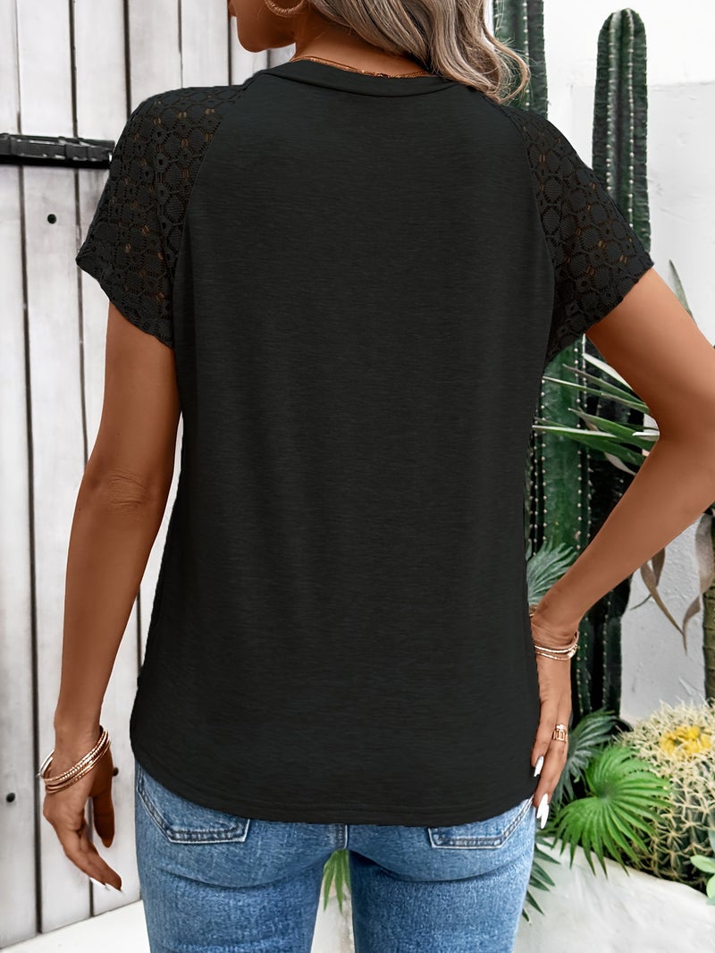 Contrast Lace Crew Neck T Shirt Casual Solid Short Sleeve - Image 5