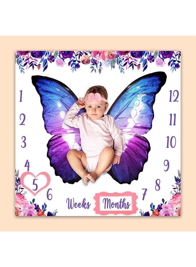 PHMOJEN Baby Monthly Milestone Blanket Colorful Butterfly Wings Flowers Blanket For Nursery Girl 112 Months Includes 4 Frame And 1 Headband 40X40 Btlsph432 - Image 1